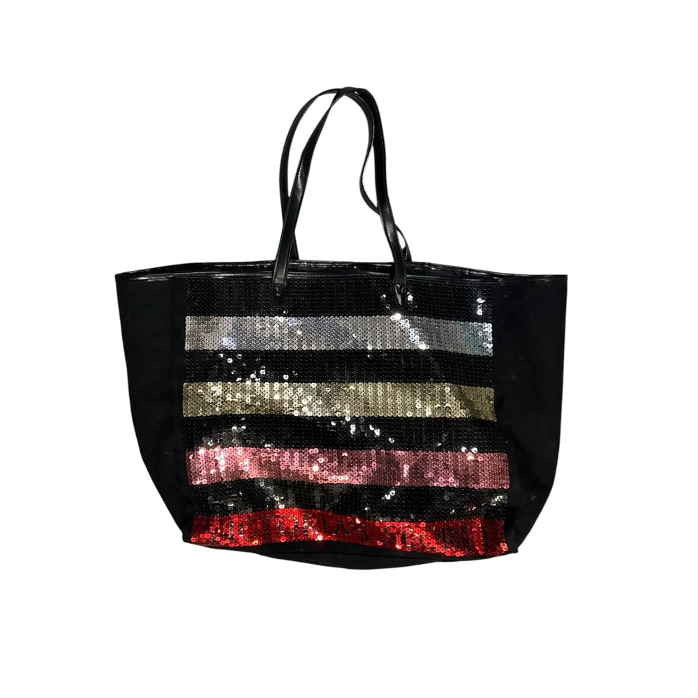 Victoria's Secret Sequin Tote Bag Set 2pc Pink Silver Black Striped Canvas Large